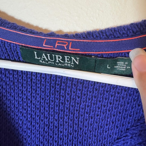 Lauren Ralph Lauren Blue Cotton Knit Hooded V-Neck Pullover Size Large - Picture 2 of 8